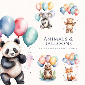 Schattige dieren ballon clipartset, verjaardagsdecoratie graphics, instant download, papier ambachtelijke afbeeldingen, aquarel panda luiaard koala