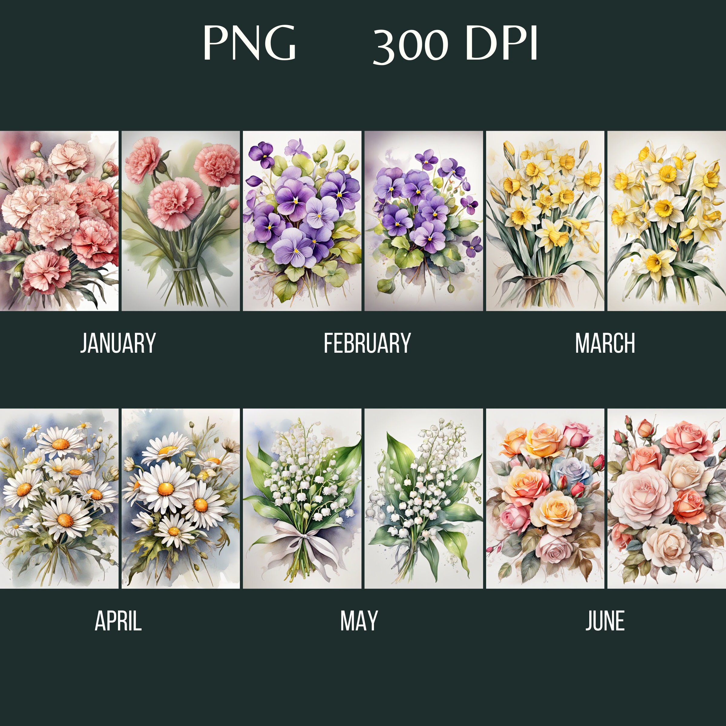 Watercolor Birth Month Flowers, Full Background Clipart, Instant