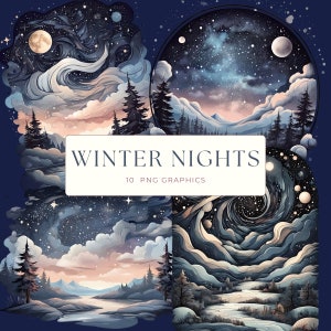 Noites de inverno aquarela clipart, céu estrelado paisagem PNG, gráficos de uso comercial, download instantâneo, lua clipart, floresta de inverno