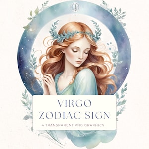 Virgo Zodiac Sign Clipart, Watercolor Astrology Art, Virgo PNG Graphic, Horoscope Clip Art, Birthday Decor, ZOD009