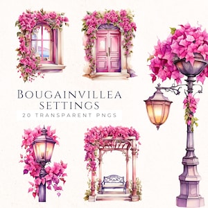 Clipart fenêtres bougainvilliers, conception de fleurs roses, décoration florale, bougainvilliers aquarelle PNG, téléchargement immédiat, BOU005