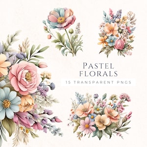 Pastelbloem clipartset, aquarel bloemendecoratie, instant download png-bestanden, bloemuitnodigingen