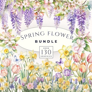 Bundle de cliparts fleurs printanières, fournitures pour cartes, aquarelles de fleurs, lot PNG floral, créations en papier, graphiques de scrapbooking