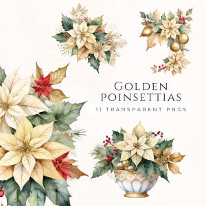 Golden Poinsettia Clip Art, Gráficos de decoração de Natal, PNG de Natal, Suprimentos para Scrapbook, Papel de diário de lixo, Clipart de inverno