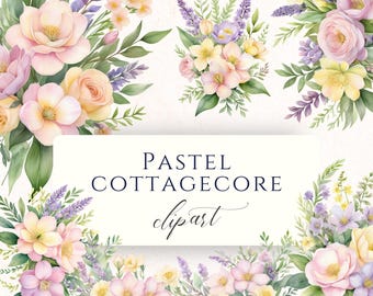 Cottage core Bouquet Watercolor Clipart Set PNG, Pastel Garden Floral Graphics for Junk Journals and Scrapbooking