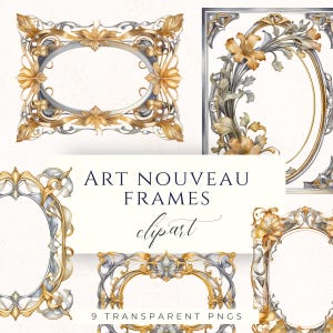 Art Nouveau Gold Silver Frame Clipart Set PNG, Vintage Graphics for Junk Journals, Scrapbooking and Cardmaking