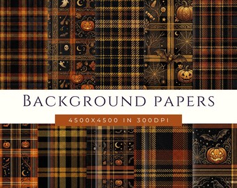 Colección de estampados espeluznantes de tartán, fondo otoñal, papel digital a cuadros, álbum de recortes de Halloween
