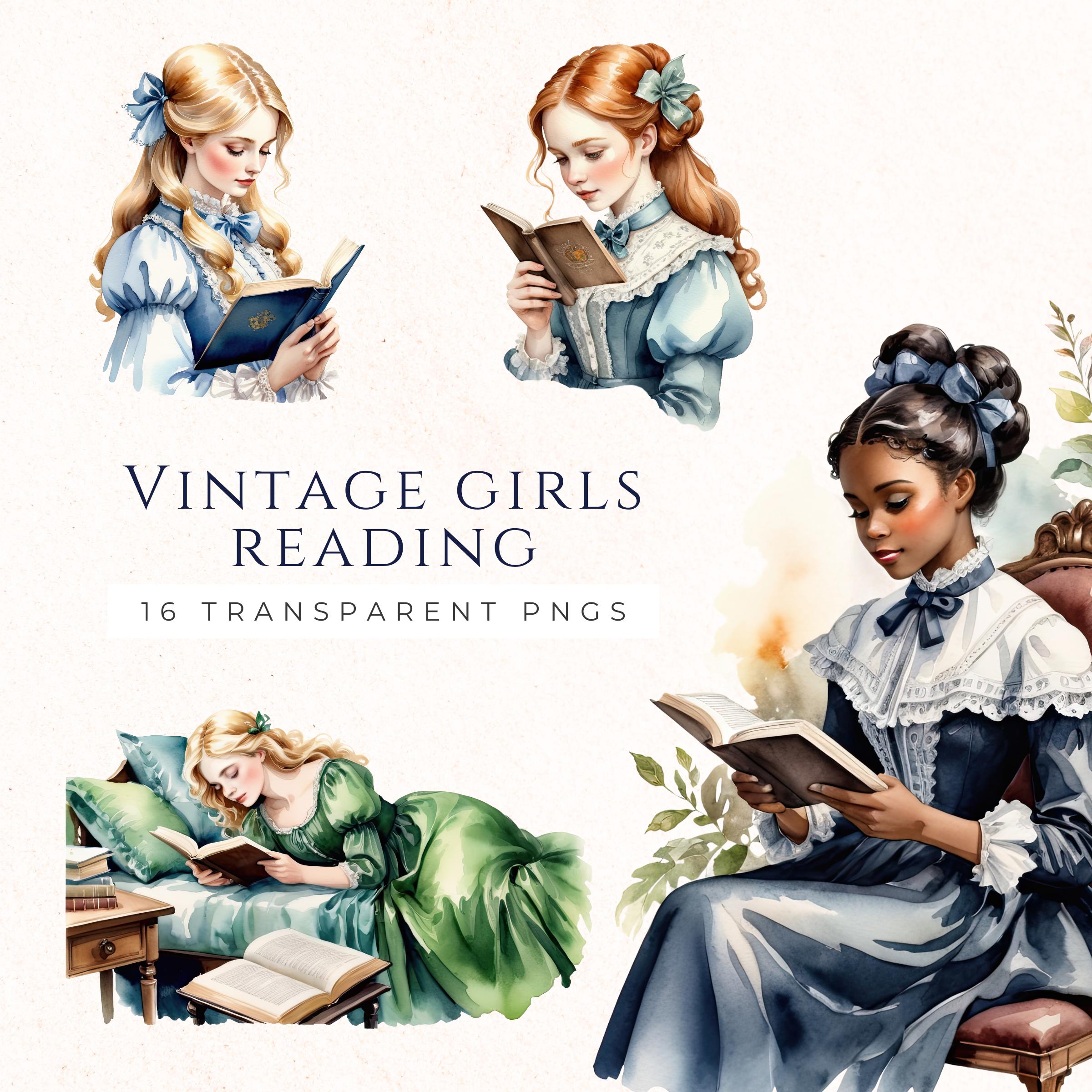 Clipart de mujer leyendo vintage, PNG de ratón de biblioteca, efímera de  amante de los libros, imágenes de álbumes de recortes, suministros para, image size:2400x2400