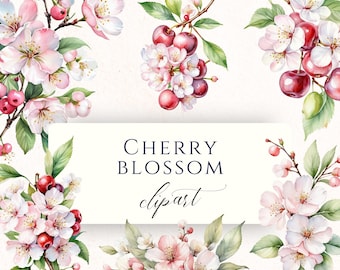 Imágenes prediseñadas PNG de flores de cerezo en acuarela, gráficos florales de primavera para álbumes de recortes, tarjetas y manualidades con papel.
