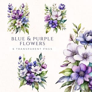 Clipart de flores em aquarela, PNG floral roxo azul, download digital de decoração de jardim, clipart de verão, flores roxas