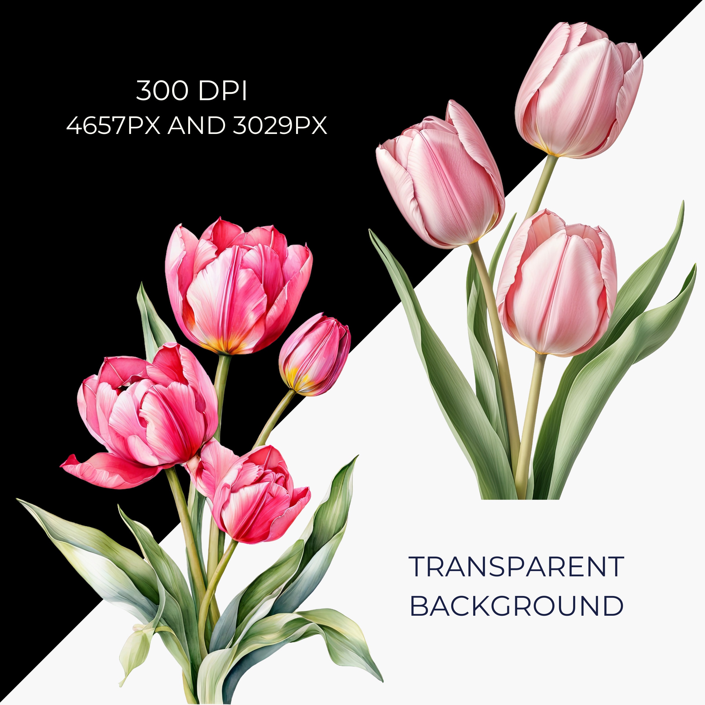 Pink Tulips Clipart, Watercolor Floral Design, Instant Download, Tulip ...