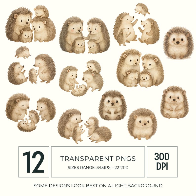 May include: A collection of 12 transparent PNG images featuring watercolor illustrations of hedgehogs. The images include hedgehogs of various sizes, some in family groups. The text in the image says "TRANSPARENT PNGS" and "300 DPI".