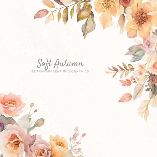 Soft Autumn Flower Clipart, Pale Watercolor Florals, Boho Fall Clip Art, Autumn PNG, Instant Download