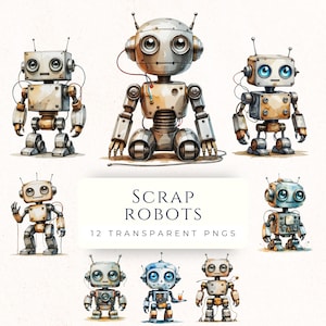 Puede incluir: Ilustraciones en acuarela de varios robots de chatarra en diferentes poses. Los robots son principalmente metálicos con tuercas, pernos y cables visibles. Los robots tienen antenas y ojos expresivos. También se ve el texto "SCRAP ROBOTS" y "12 TRANSPARENT PNGS".