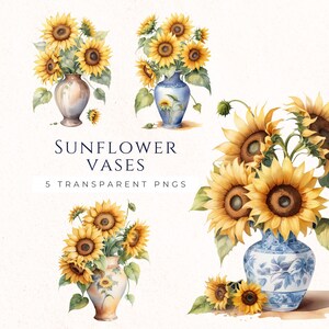 Vase tournesol Clipart PNG, image florale, aquarelle bouquet, scrapbooking, fabrication de cartes, fleurs à télécharger, VAS002