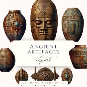 May include: A collection of ancient artifact clipart images. The images include detailed illustrations of vases, a mask, and shields in shades of brown, gold, and teal. The text "ANCIENT ARTIFACTS clipart" is displayed on a white background, along with "21 TRANSPARENT PNGS".