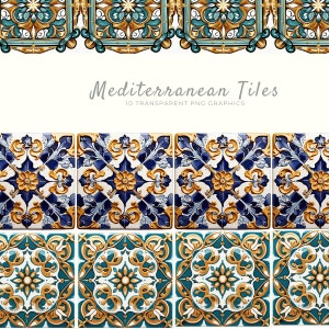 May include: Decorative Mediterranean tiles with intricate floral and geometric patterns in shades of blue, gold, and teal. The image includes the text "Mediterranean Tiles" and "10 Transparent PNG Graphics".