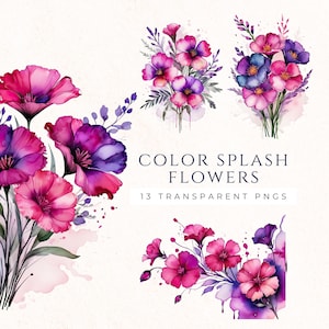 Color Splash Flower Clipart, Scrapbooking Images, Pink and Purple Florals, Instant Download PNG, Cardmaking Supply