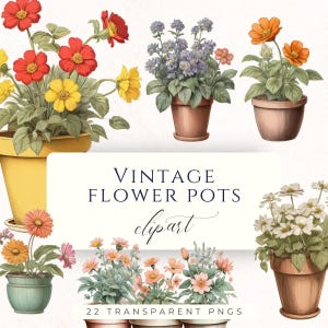 Op de afbeelding: Waterverfillustratie van diverse vintage bloempotten met kleurrijke bloemen. De afbeelding bevat potten met rode, gele, oranje en witte bloemen. Tekst op de afbeelding luidt "VINTAGE FLOWER POTS clipart" en "22 TRANSPARENT PNGS".