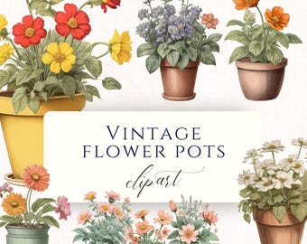 Set di clipart PNG di vasi di fiori vintage ad acquerello, grafica da giardino per scrapbooking, creazione di biglietti e lavori di cartoleria.
