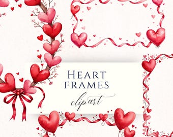 Watercolor Heart Frame Clipart PNG, Romantic Valentine Graphics for Cardmaking, Scrapbooking and Wedding Decor