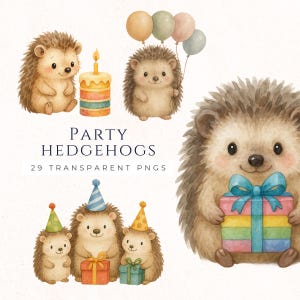 Clipart fête hérisson, graphiques animaliers aquarelles, invitation à une fête d'enfants, images de scrapbooking, fournitures pour fabrication de cartes
