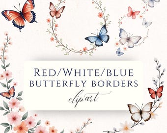 Imágenes prediseñadas de corona de mariposas en formato PNG, gráficos de borde floral rojo, blanco y azul, conjunto de acuarelas patrióticas.