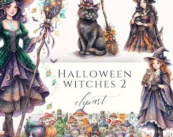 Halloween Witches Clipart Set, Spooky Cauldron PNG, Enchanted Animal Graphics, Transparent Artwork