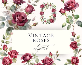 Vintage Burgundy Rose Border Clipart PNG, Watercolor Floral Graphics for Scrapbooking, Junk Journals and Cardmaking