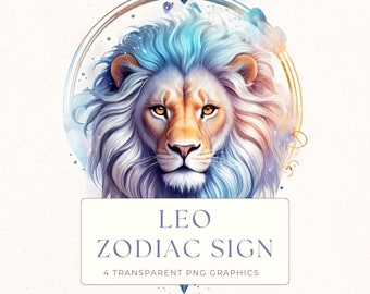 Leo Zodiac Lion Watercolor Clipart PNG, Astrology Horoscope Graphics for Scrapbooking, Cardmaking and Birthday Decor, ZOD004