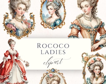 May include: A set of Rococo Ladies clipart images. The illustrations depict women in elaborate dresses and hairstyles, adorned with flowers and jewels. The images are in a watercolour style, using a soft, pastel colour palette.