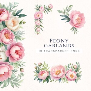 Clipart guirlande pivoine rose, graphisme floral frontière, téléchargement immédiat, Images de scrapbooking, clipart botanique, fourniture de fabrication de cartes