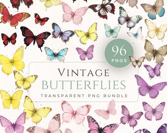 Colourful Vintage Butterfly Clipart Bundle PNG, Mixed Insect Graphics for Scrapbooking, Wedding Invitations and Cardmaking, BUF009