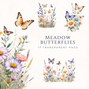 Clipart papillon fleurs sauvages des prairies, PNG de fleurs de printemps, usage commercial, Images de scrapbooking, bordures florales, créations en papier