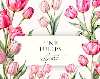 Pink Tulip Watercolor Clipart PNG, Spring Flower Bouquet Graphics for Easter, Scrapbooking and Card Making, TUL008