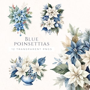 Conjunto de Clip Art de Poinsétia de Natal Azul, Gráficos de Flores de Inverno, Suprimentos para Scrapbook, Criação de Cartões, Download Instantâneo PNG