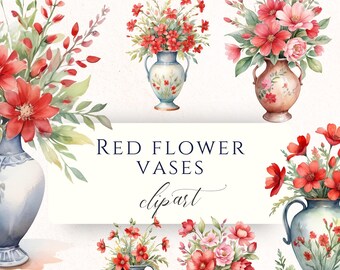 Rote Blumenvase Aquarell Clipart PNG, florale Grafiken für Scrapbooking, Kartenherstellung und Papierhandwerk, VAS005
