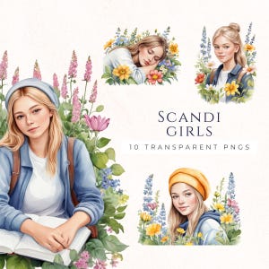Skandinavische Mädchen Clipart-Set, Wildblumen junge Frauen Grafiken, Instant Download, Scrapbooking Dekorationen
