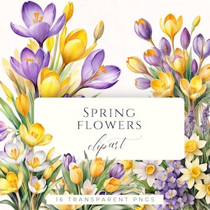 Vårbukett Clipart, krokus och påskliljor blommor, gula krokusar, akvarell blommig clipart, blommig PNG, omedelbar nedladdning