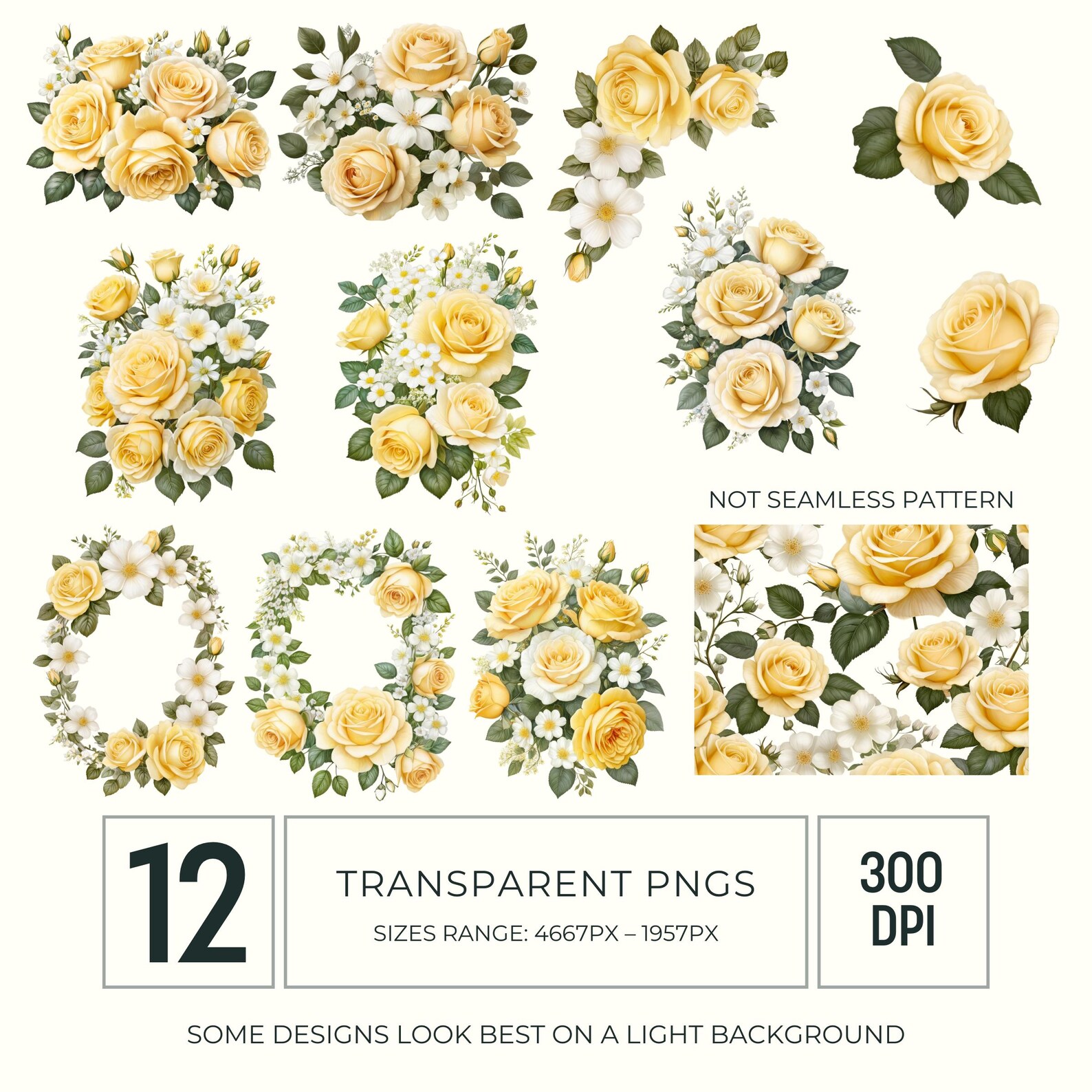 Soft Yellow Roses Border Soft Yellow Rose Bouquet Watercolor Clipart PNG, Botanical Floral ...