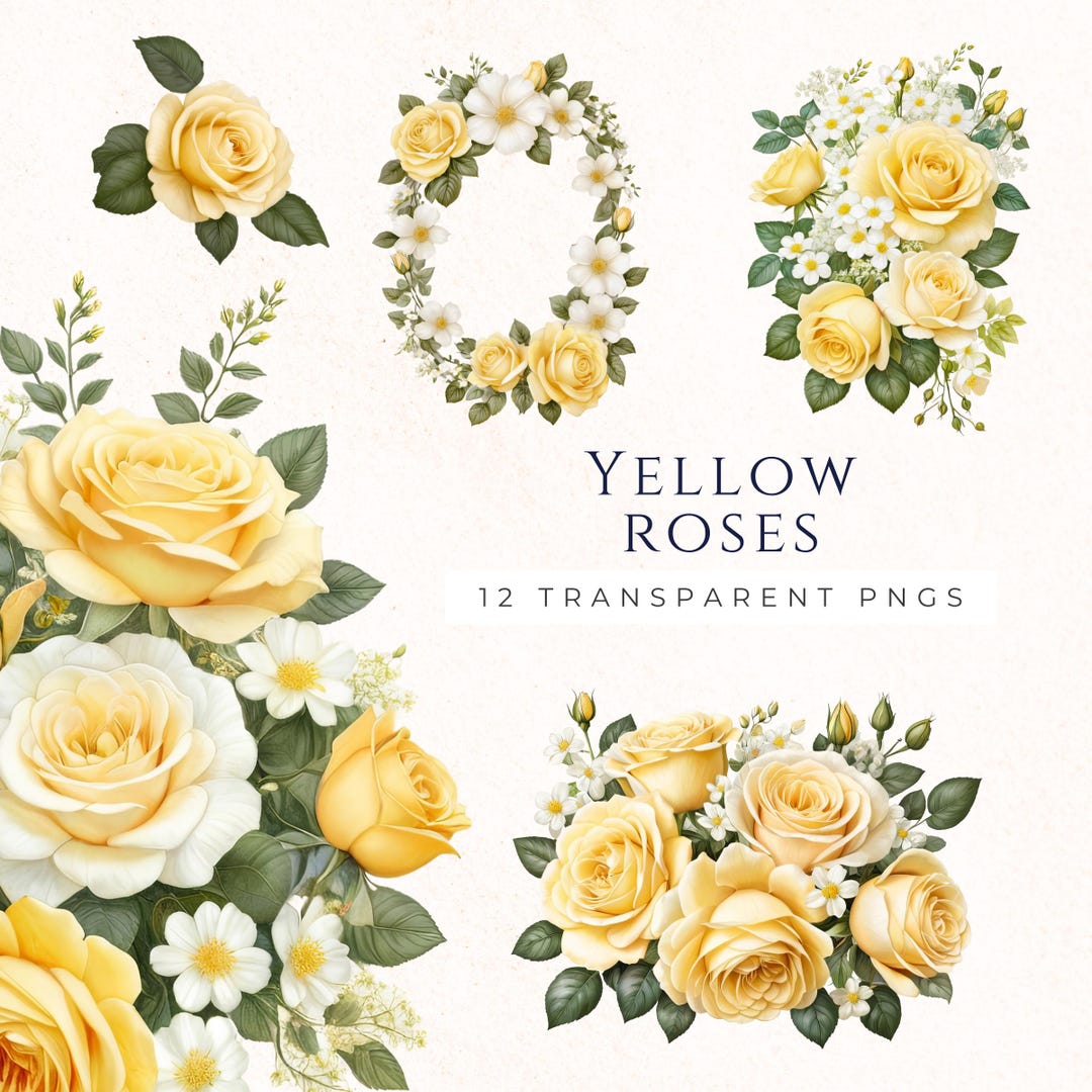 Soft Yellow Roses Border Soft Yellow Roses Clipart, Bouquet Floral Digital Art, Rose PNG Bundle ...