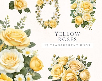 Soft Yellow Roses Clipart, Bouquet Floral Digital Art, Rose PNG Bundle, Soft Color Flower Illustration, Botanical Clip Art