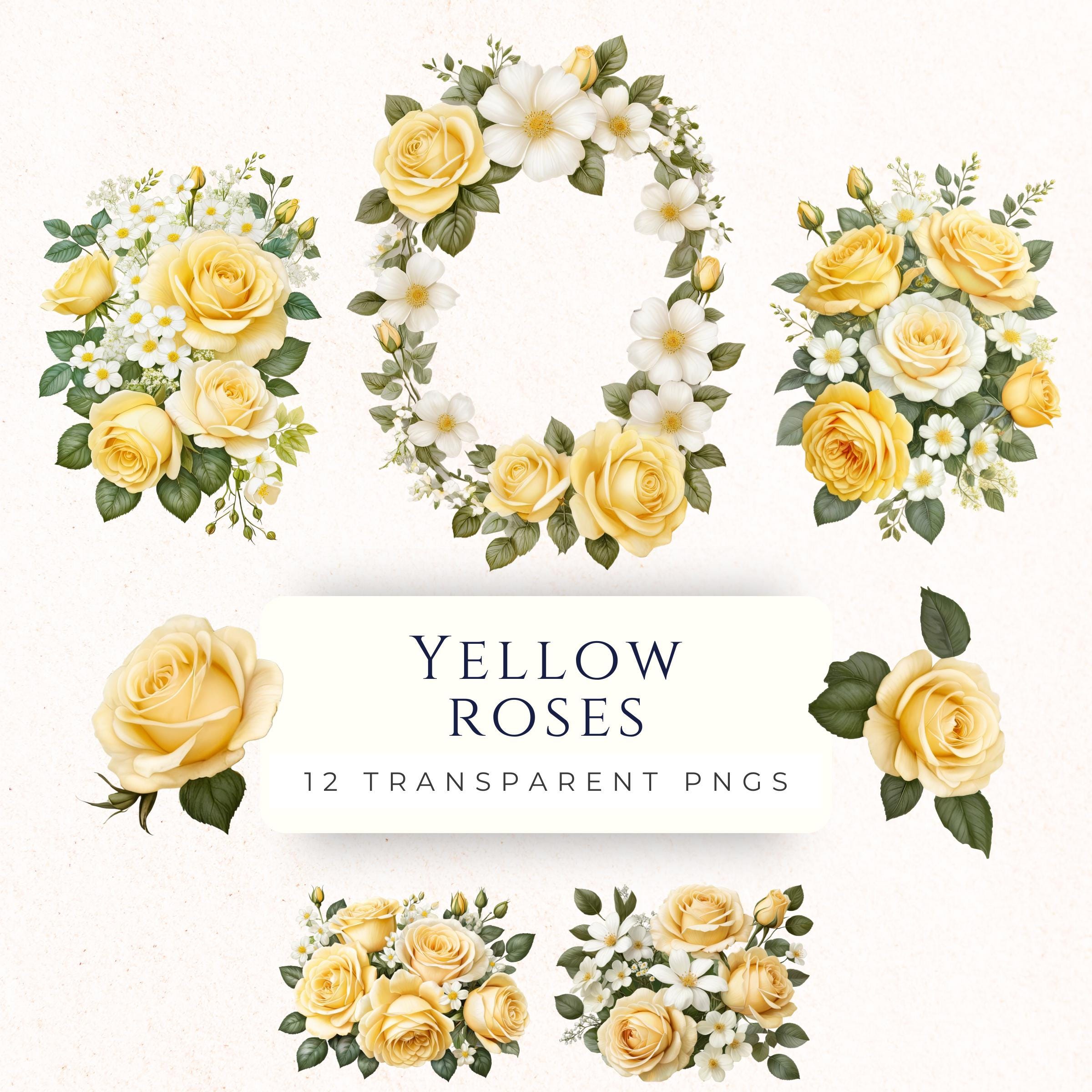 Soft Yellow Roses Border Soft Yellow Roses Clipart, Bouquet Floral Digital Art, Rose PNG Bundle ...