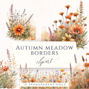 Op de afbeelding: Watercolor clipart met herfstweide borders met oranje en gele bloemen en diverse grassen. De tekst "AUTUMN MEADOW BORDERS clipart" en "15 TRANSPARENT PNGS" is weergegeven. Het ontwerp heeft een zachte, artistieke stijl.