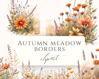 May include: Watercolor clipart featuring autumn meadow borders with orange and yellow flowers, and various grasses. The text "AUTUMN MEADOW BORDERS clipart" is displayed, along with "15 TRANSPARENT PNGS". The design has a soft, artistic style.