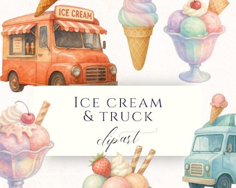 Pastel Ice Cream Truck Watercolor Clipart PNG, Summer Treat Graphics for Junk Journals, Scrapbooking and Cardmaking