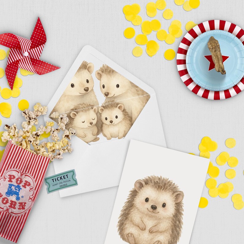 May include: A whimsical scene with a red and white pinwheel, popcorn in a striped container, and a blue plate with a red star. The image features a white envelope with a family of hedgehogs and a card with a single hedgehog illustration.