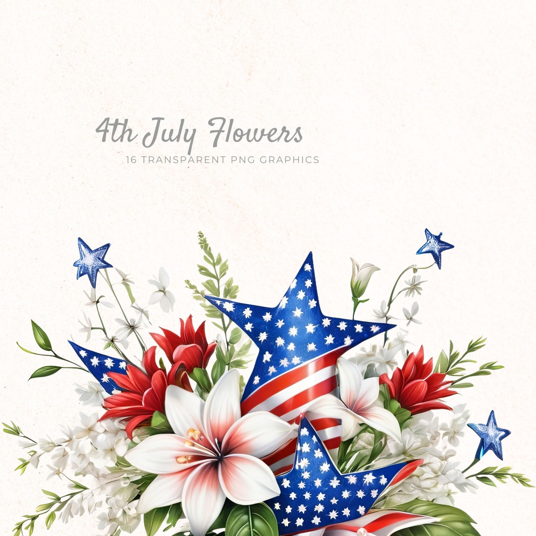 Red Blue White Flower Bouquet Clipart, 4th of July Independence Day ...