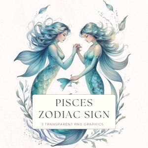 Pisces Zodiac Sign Clipart, Astrology PNG Graphic, Watercolor Art, Instant Download, March Birthday Decor, ZOD007