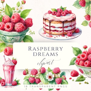 Hallon Clipart PNG, Bärkaka och Milkshake Grafik, Akvarell Sommarfrukt Set